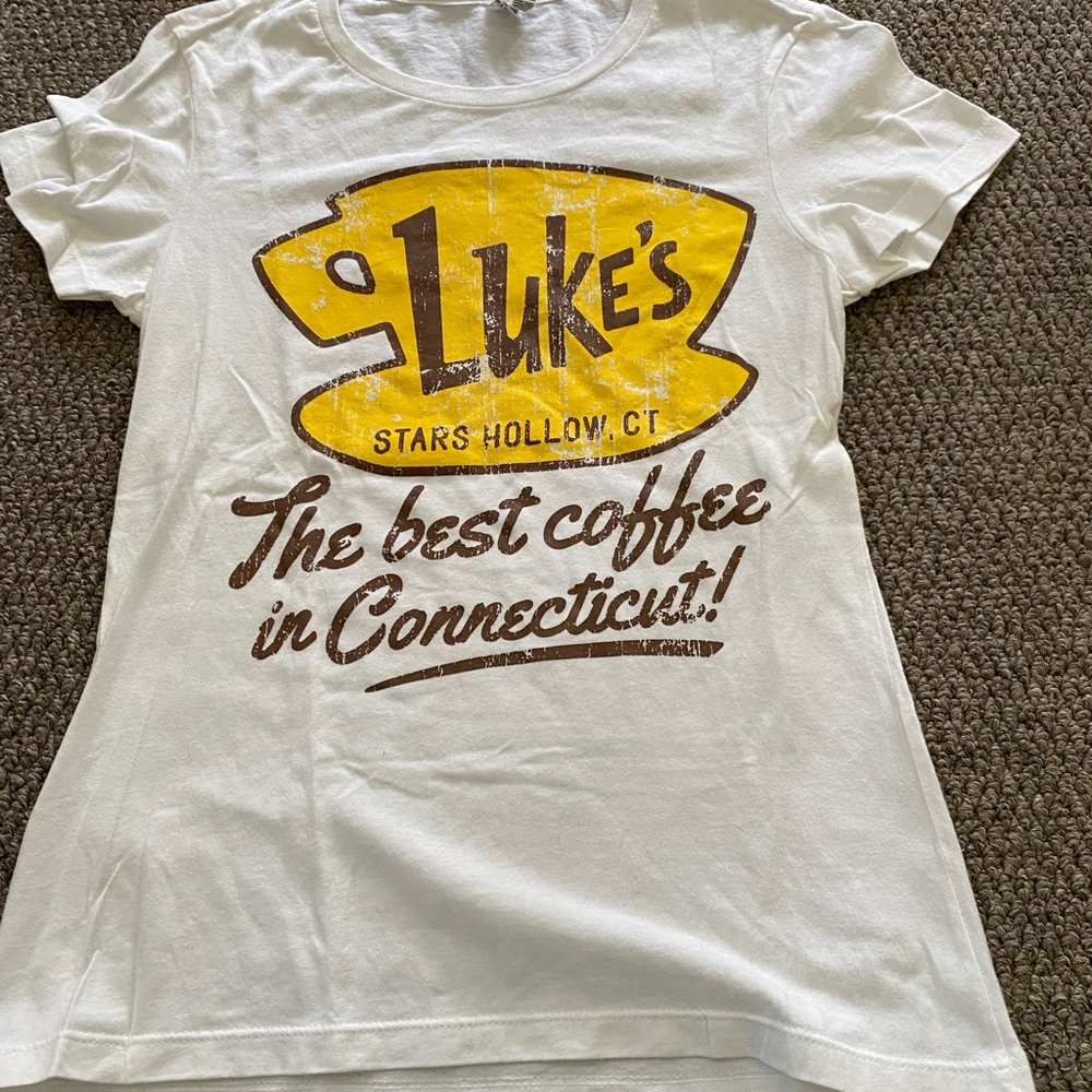 Luke's Stars Hollow Graphic Tee - White with Yellow & Brown Logo